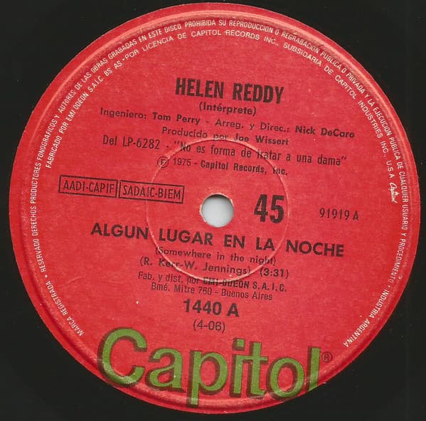 Helen Reddy — Algún Lugar En La Noche = Somewhere In The Night / Ocho Menos Diez = Ten To Eight