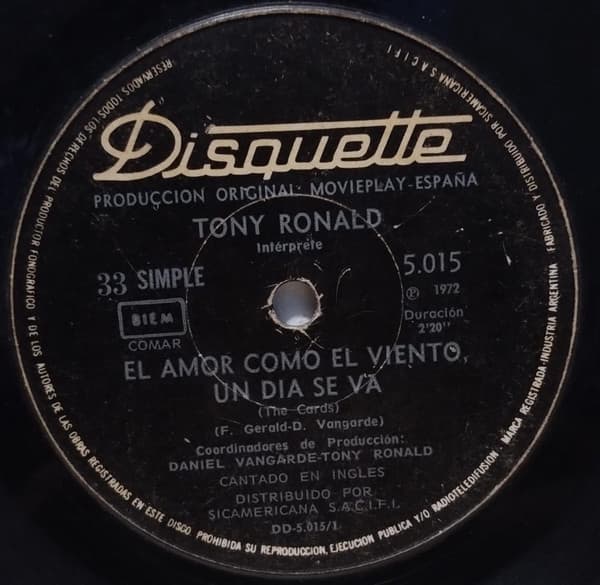 Tony Ronald — El Amor Como El Viento, Un Dia Se Va