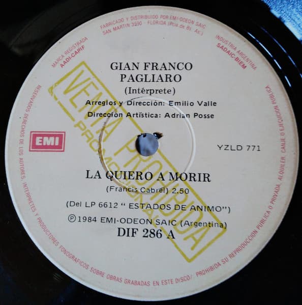 Gian Franco Pagliaro — La Quiero A Morir / La Orilla Blanca , La Orilla Negra