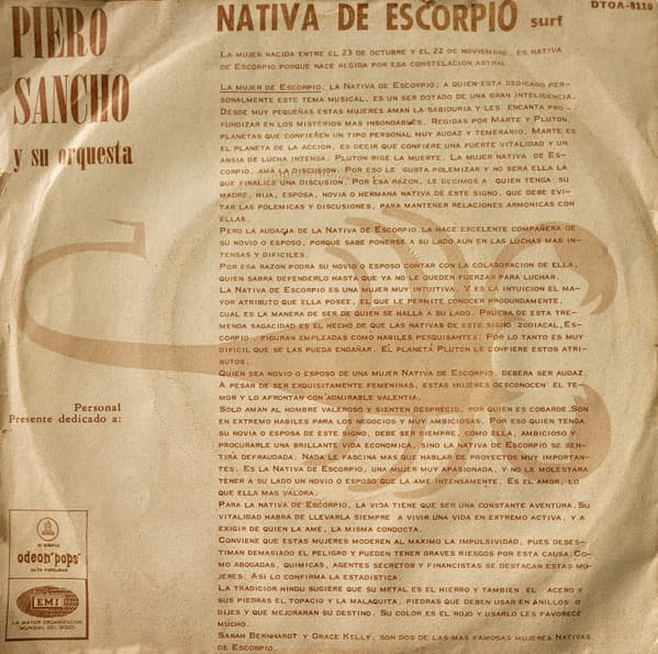 Piero Sancho Y Su Orquesta — Nativa De Escorpio / Sagitariana