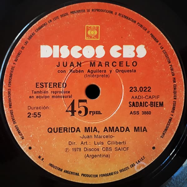 Juan Marcelo & Rubén Aguilera Y Orquesta — Querida Mía, Amada Mía / Por Tu Amor, Te Doy Mi Vida